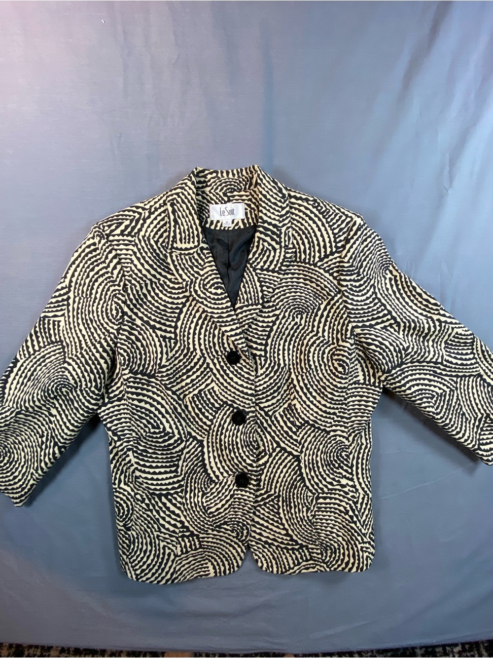 Vintage Le Suit Single Breasted Blazer featuring a bold optical swirl pattern